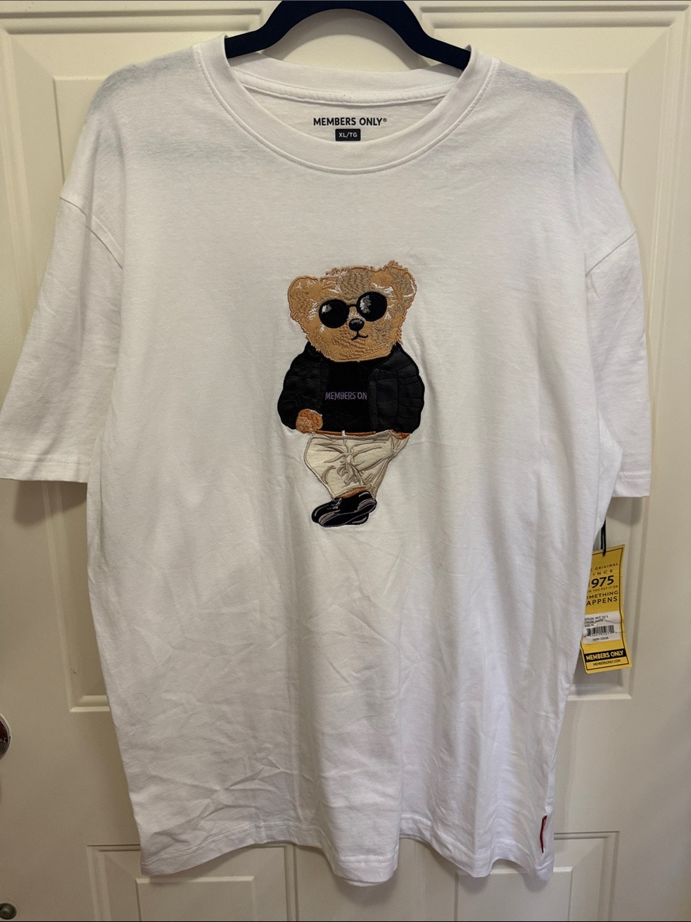 Members Only White Tee with Embroidered Bear Graphic
